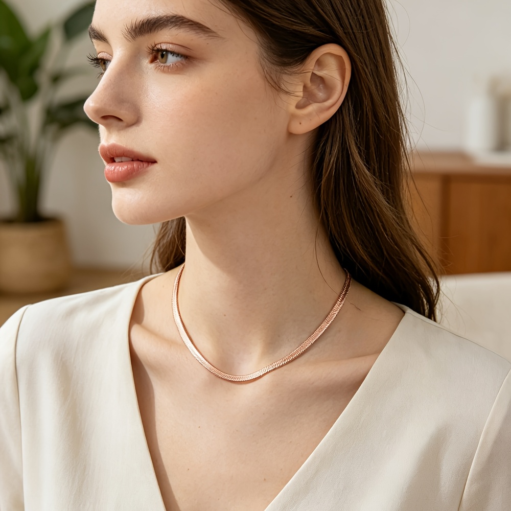Women's Rose Golden-tone Flat Snake Chain Necklace